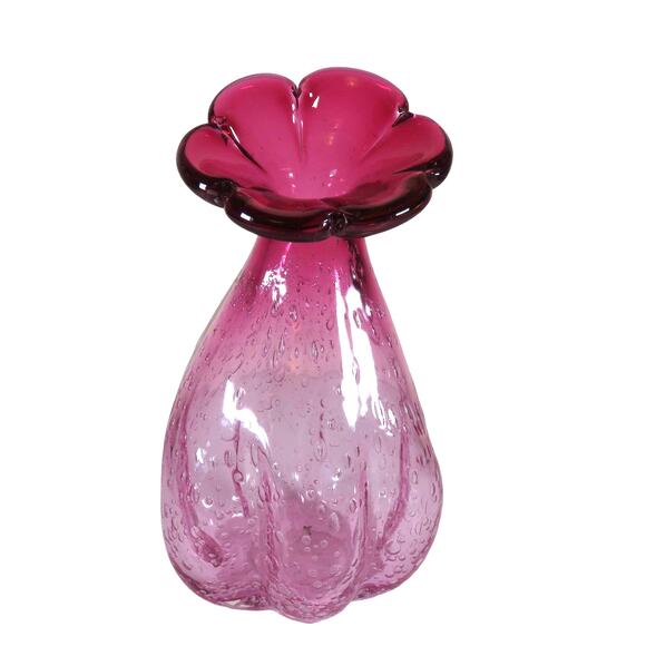 Pink Bubble Glass Flower Vase, Daisy Bloom Pattern, 8" Floral Decor Handmade New - Picture 1 of 14